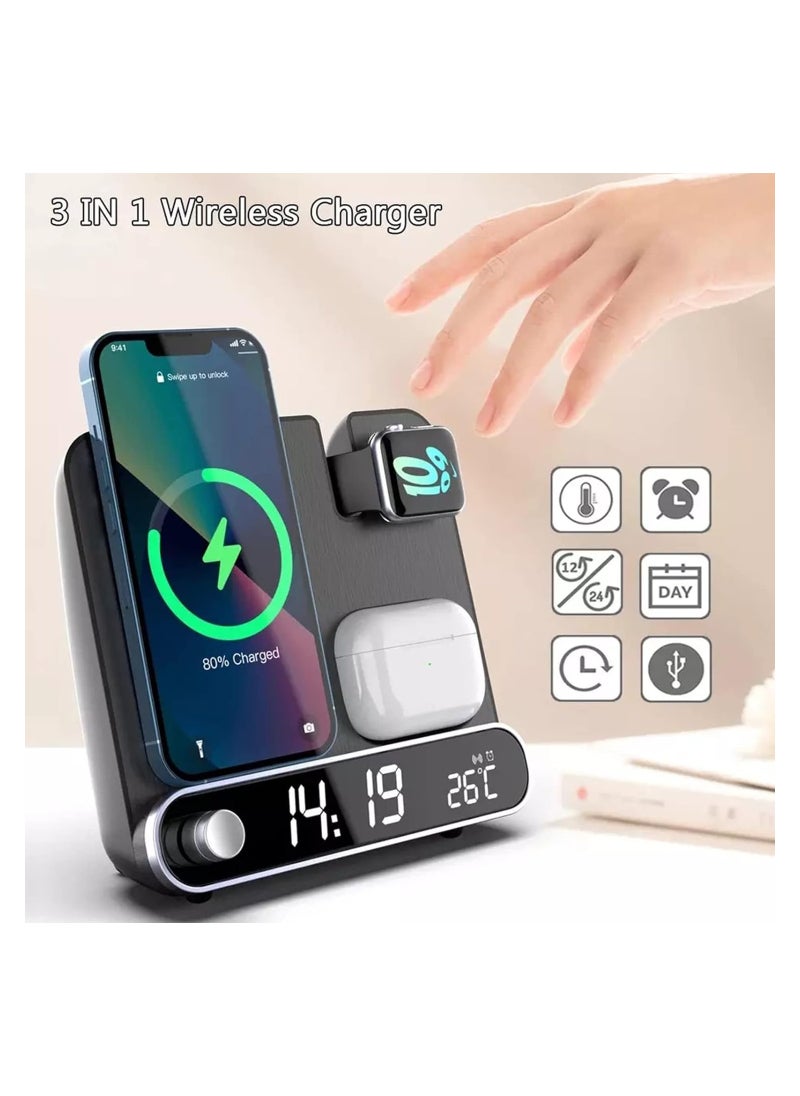 SYOSI - 2024 New Wireless Charging Station, 3 in 1 Desktop Charging Station with Clock/Alarm, 15W Fast Charging for Different Phone, Smart 3 in 1 Wireless Charger Alarm Clock with Smartwatch, Earphones - Image 1