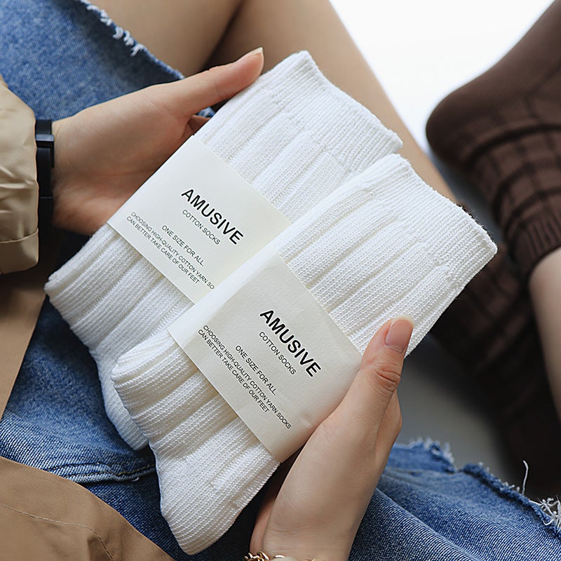 Socks Women's Autumn and Winter Solid Color Piled Mid-tube Socks Korean Style Japanese Ins Women's Socks Cotton Breathable Sweat Absorbing Thick Needle Socks - Image 3