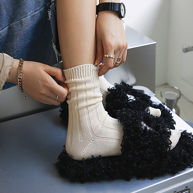 Socks Women's Autumn and Winter Solid Color Piled Mid-tube Socks Korean Style Japanese Ins Women's Socks Cotton Breathable Sweat Absorbing Thick Needle Socks - Image 4