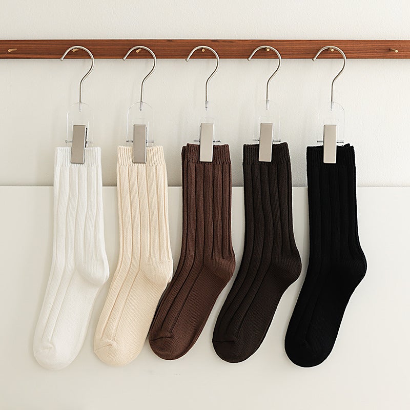 Socks Women's Autumn and Winter Solid Color Piled Mid-tube Socks Korean Style Japanese Ins Women's Socks Cotton Breathable Sweat Absorbing Thick Needle Socks - Image 2