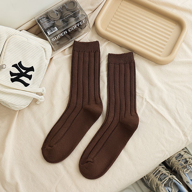 Socks Women's Autumn and Winter Solid Color Piled Mid-tube Socks Korean Style Japanese Ins Women's Socks Cotton Breathable Sweat Absorbing Thick Needle Socks - Image 1