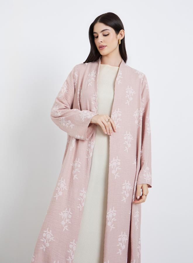 Amirah Women Pink Floral Print Open Front Abaya - Image 2