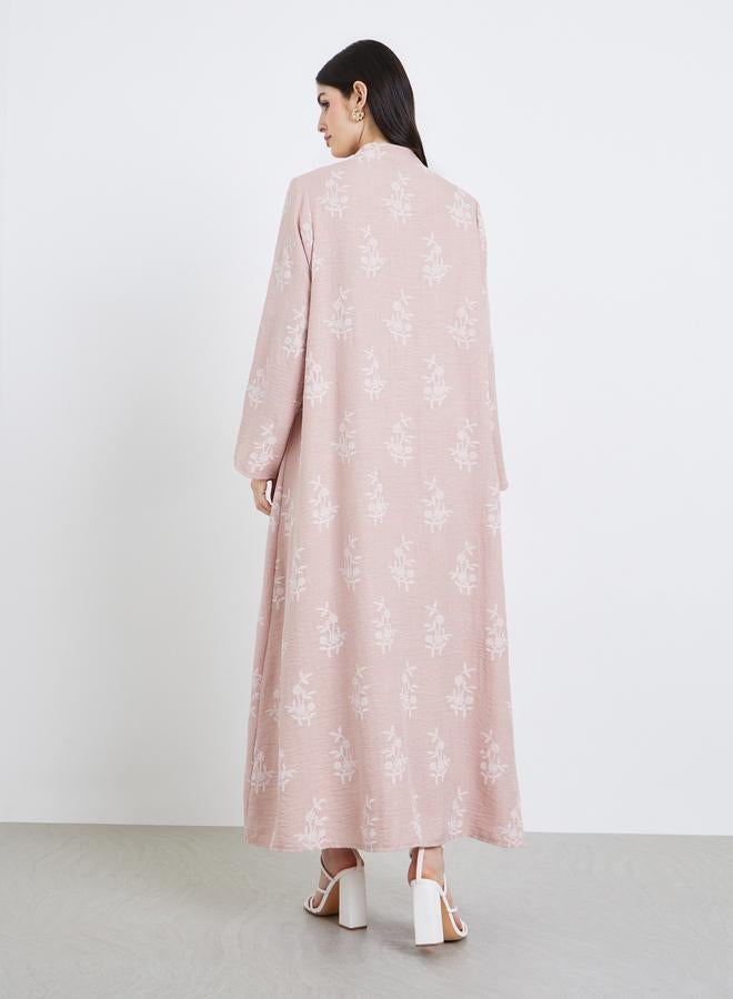 Amirah Women Pink Floral Print Open Front Abaya - Image 4