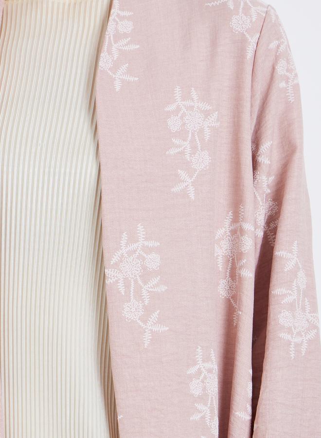 Amirah Women Pink Floral Print Open Front Abaya - Image 3