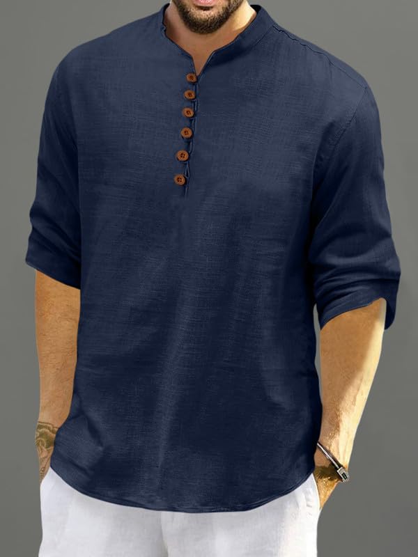 Macsivo Men's Cotton Blend Short Kurta with Solid Mandarin Collared Full Sleeve Curved Hem Length | Kurta for Men Stylish Navy Blue - Image 4
