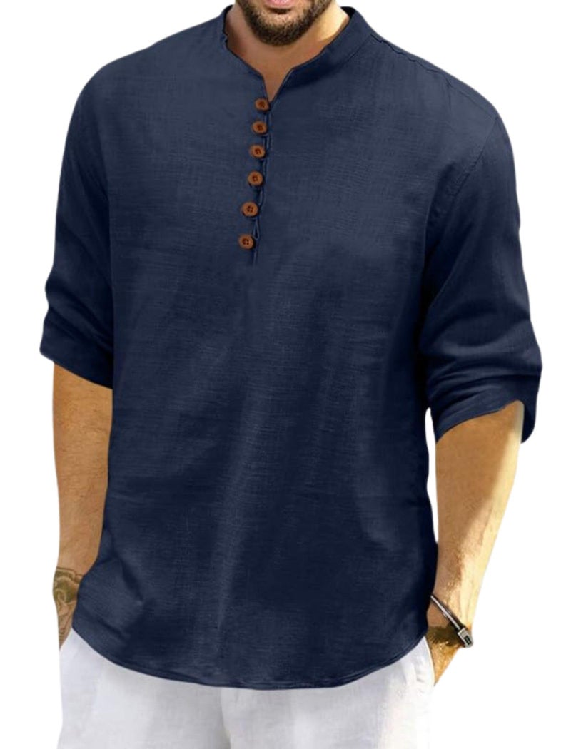Macsivo Men's Cotton Blend Short Kurta with Solid Mandarin Collared Full Sleeve Curved Hem Length | Kurta for Men Stylish Navy Blue - Image 1