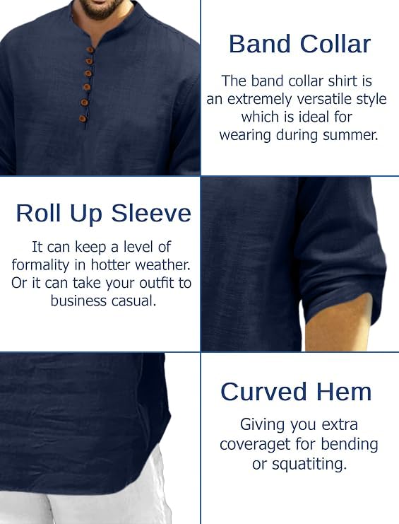 Macsivo Men's Cotton Blend Short Kurta with Solid Mandarin Collared Full Sleeve Curved Hem Length | Kurta for Men Stylish Navy Blue - Image 5