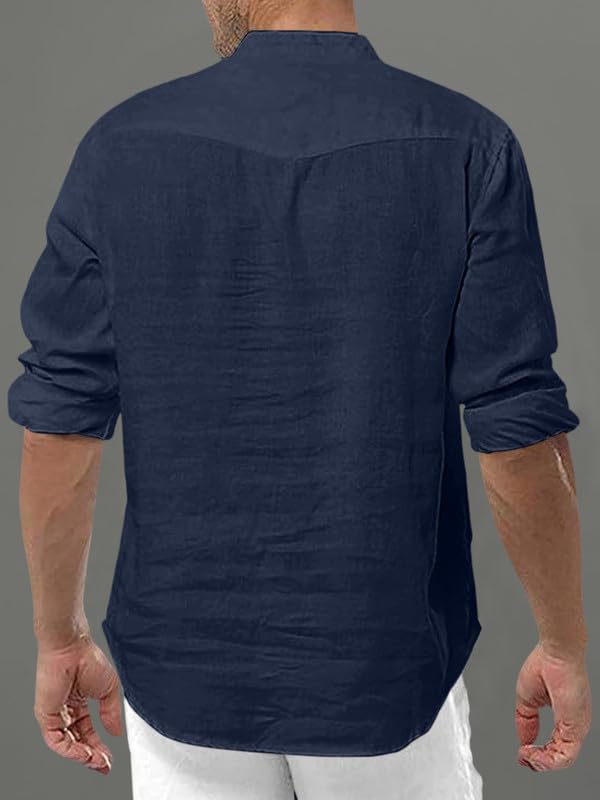 Macsivo Men's Cotton Blend Short Kurta with Solid Mandarin Collared Full Sleeve Curved Hem Length | Kurta for Men Stylish Navy Blue - Image 3