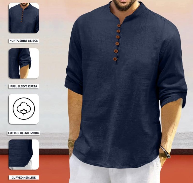 Macsivo Men's Cotton Blend Short Kurta with Solid Mandarin Collared Full Sleeve Curved Hem Length | Kurta for Men Stylish Navy Blue - Image 2