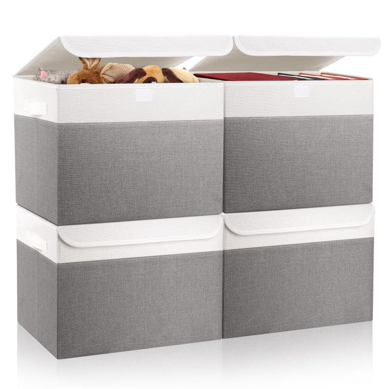 Bagnizer Large 22 Quart Linen Fabric Foldable Storage Bin Cube Organizer Basket with Flip-Top Lid & Handles, Clothes Blanket Box for Home, Office, Closet, Gray & White, 4 Pack 14.6 x 9.5 x 9.5â€ - Image 1