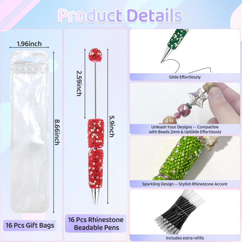 DASTTUIS 48 Pcs DIY Diamond Beadable Pen Kit - 16 Plastic Rhinestone Beaded Pens Bulk with Refills & Bags - Beaded Pen Kit for Students & Teachers â€“ School Projects, Office Gifts (Multicolor) - Image 2