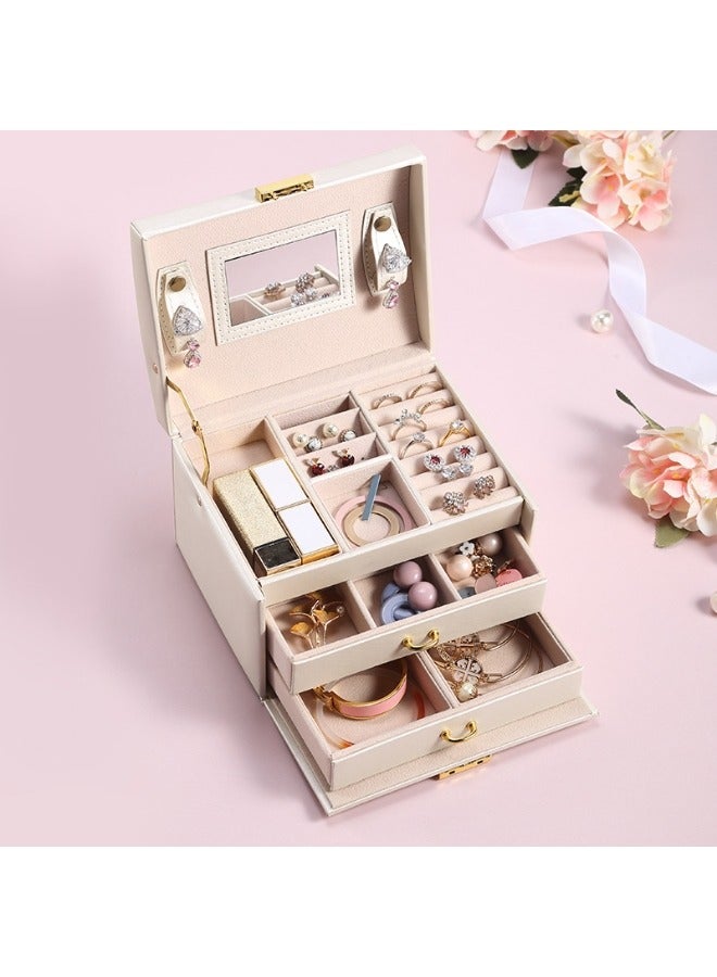 Desktop Item Storage Boxes, Three-layer Pu Leather Jewelry Box, Double-drawer Jewelry Case And Earring Storage Cases - Image 3