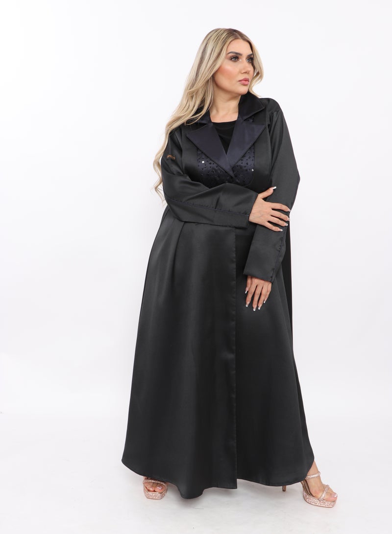 MyesuQ Black abaya with a navy blue embroidered collar and navy blue qitan on the sleeves - Image 1