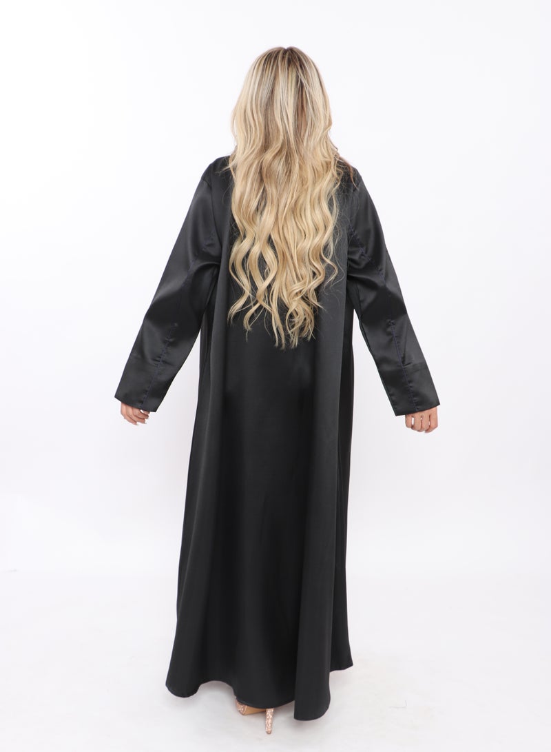 MyesuQ Black abaya with a navy blue embroidered collar and navy blue qitan on the sleeves - Image 4