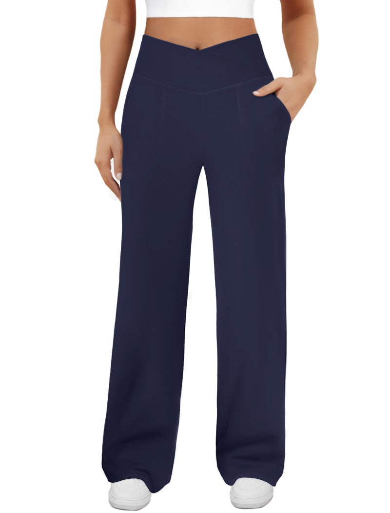 DLOODA Womens Wide Leg Yoga Pants Crossover Work Dress Pants Lounge Sweatpants Casual Trousers with Pockets Navy Blue - Image 1