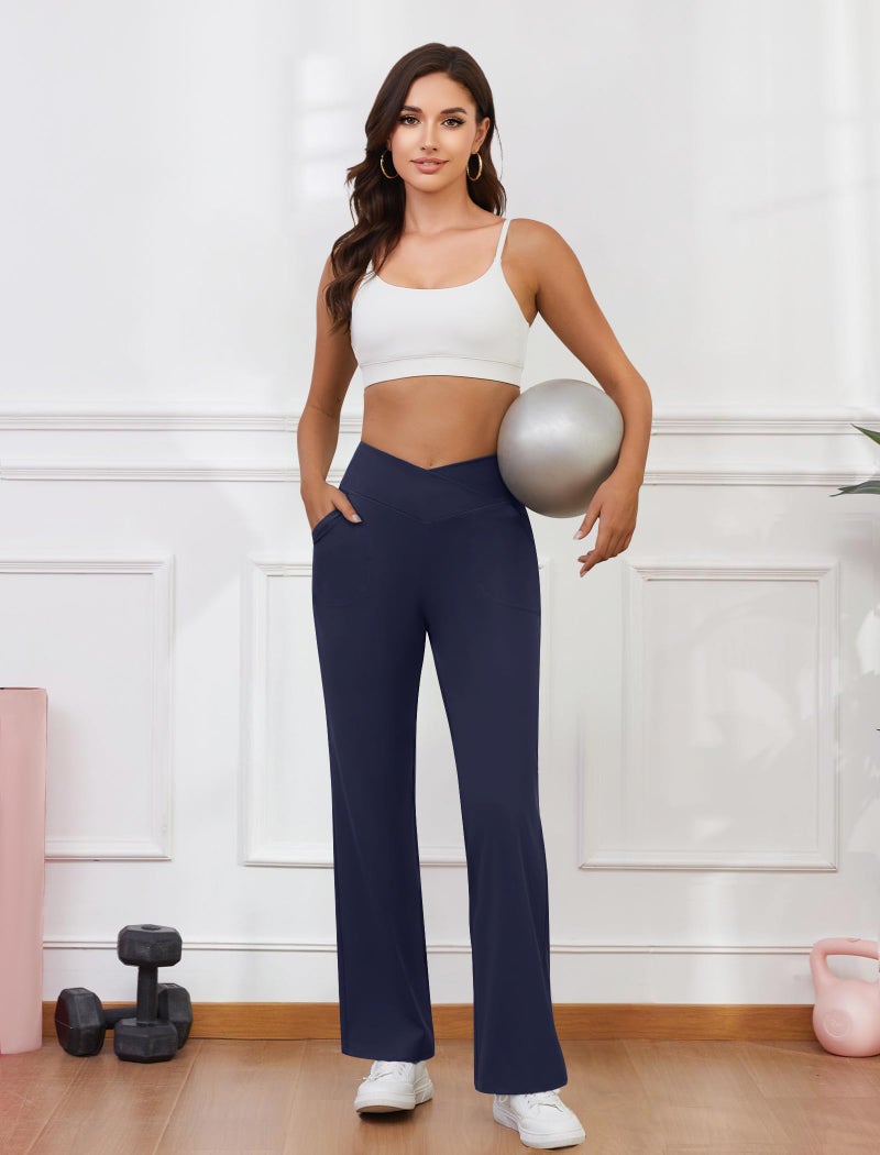 DLOODA Womens Wide Leg Yoga Pants Crossover Work Dress Pants Lounge Sweatpants Casual Trousers with Pockets Navy Blue - Image 3