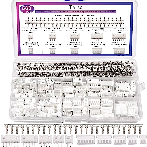Taiss 560PCS 2.54mm JST-XH Connector Kit 2.54mm 2/3/4/5/6 Pin Housing Female and Male Adapter Cable Connector Plug,JST Connector Female Pin Head Connector Adapter Plug - Image 1