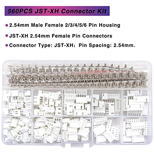 Taiss 560PCS 2.54mm JST-XH Connector Kit 2.54mm 2/3/4/5/6 Pin Housing Female and Male Adapter Cable Connector Plug,JST Connector Female Pin Head Connector Adapter Plug - Image 2