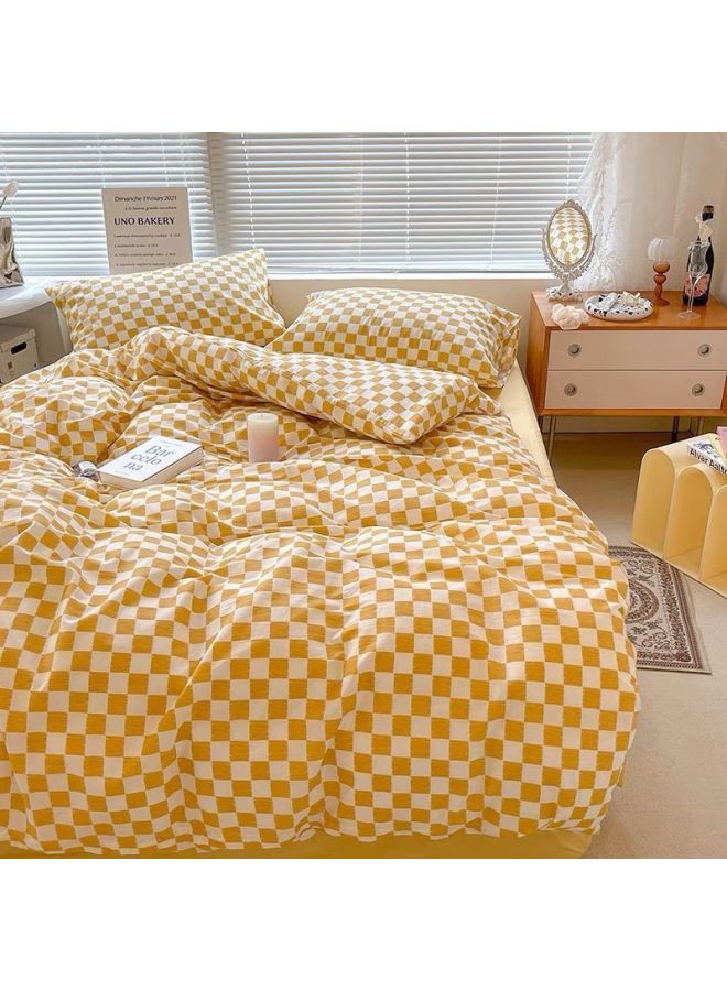 طقم لحاف من القطن المغسول مكون من أربع قطع من Nanjiren لسرير سكن الطلاب، طقم لحاف مكون من ثلاث قطع، غطاء لحاف - اللون: رقعة شطرنج - أصفر - المواصفات: طقم مكون من ثلاث قطع بطول 1.2 متر [غطاء لحاف 1.5 × 2 متر]] - Image 1