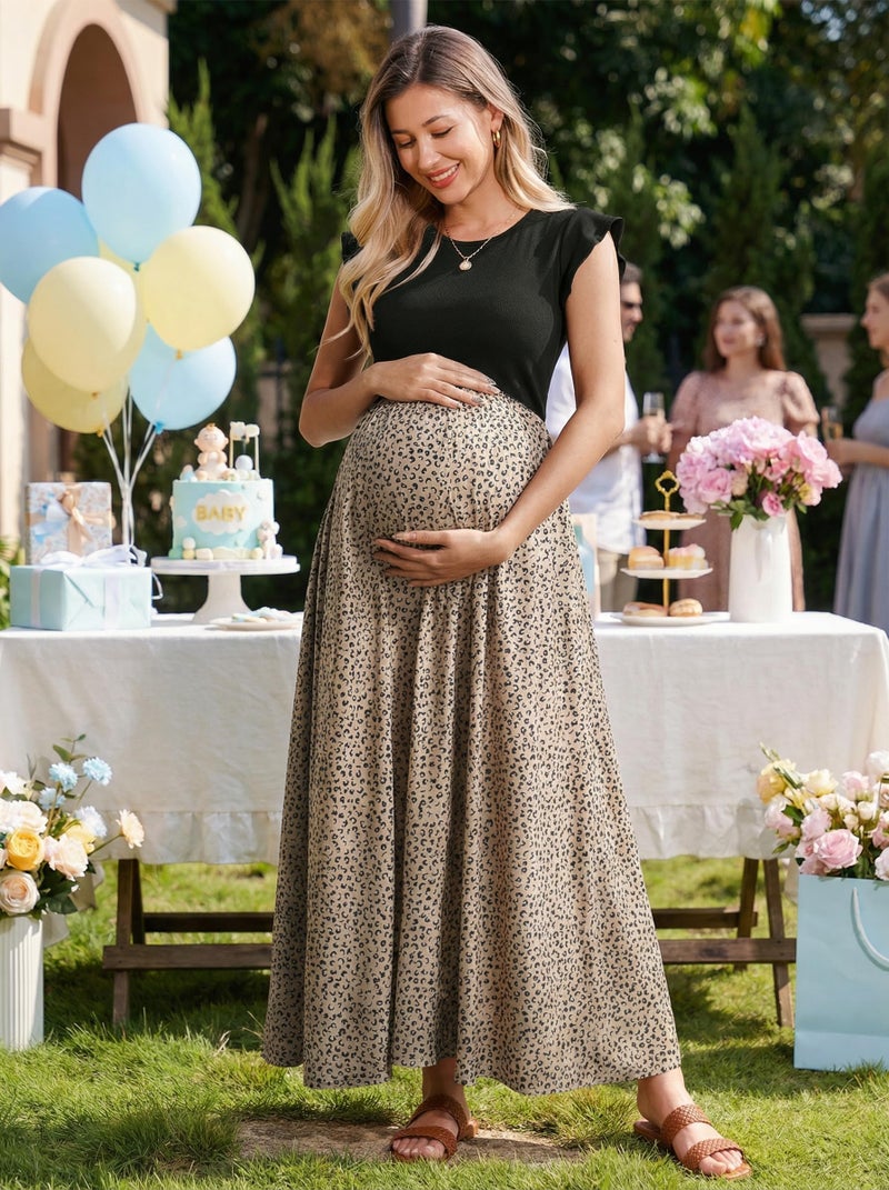 OUGES Women 2025 Spring Summer Floral Maxi Dresses Maternity Clothes Casual Long Fashion Photoshoot Dress with Pockets(Floral A,S) - Image 3