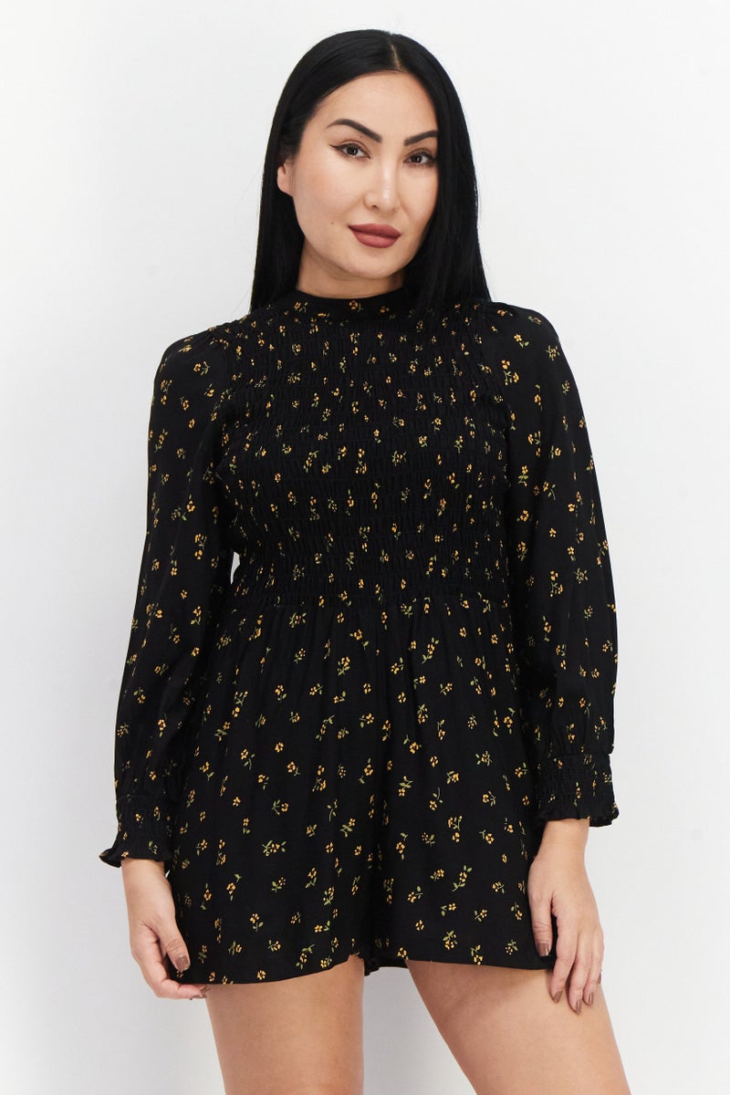 Asos Design Women Petite Floral Print Long Sleeve Playsuit, Black Combo  - Image 1