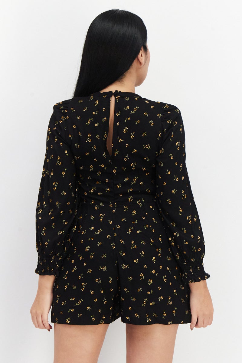 Asos Design Women Petite Floral Print Long Sleeve Playsuit, Black Combo  - Image 3