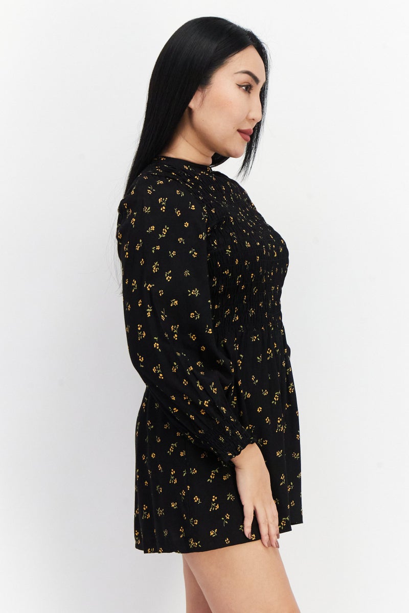 Asos Design Women Petite Floral Print Long Sleeve Playsuit, Black Combo  - Image 2