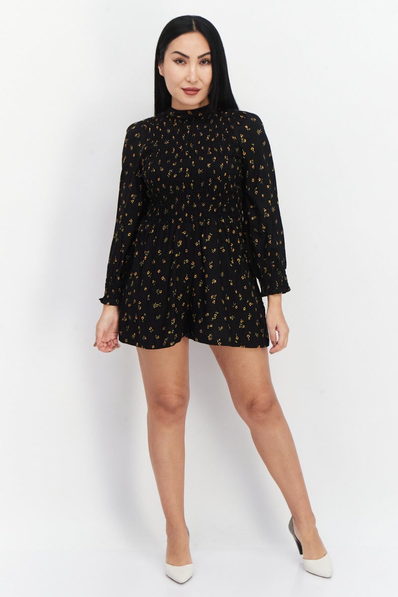 Asos Design Women Petite Floral Print Long Sleeve Playsuit, Black Combo  - Image 4