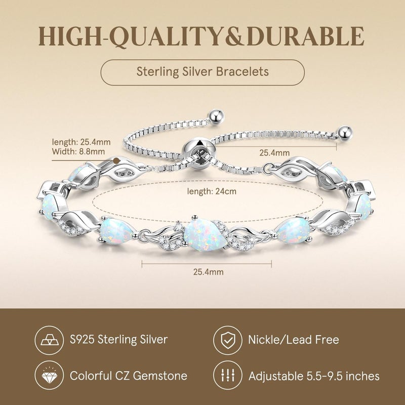 FANCIME October Birthstone Teardrop Opal Tennis Bracelet for Women, Sterling Silver 9x7mm main Gemstone Bolo Adjustable Chain Bracelet Fine Jewelry Birthday Gifts for Women Mom Wife Her - Image 5
