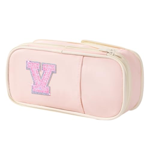 Janhavi Preppy Pencil Case for School Supplies, Initial Large Pink Pencil Case Organizer with Zipper, Cute Pencil Bag Holder for Office, Ideal Birthday Gift for Kids,8,9,10 Years Old Girls, Adults--Pink V - Image 1