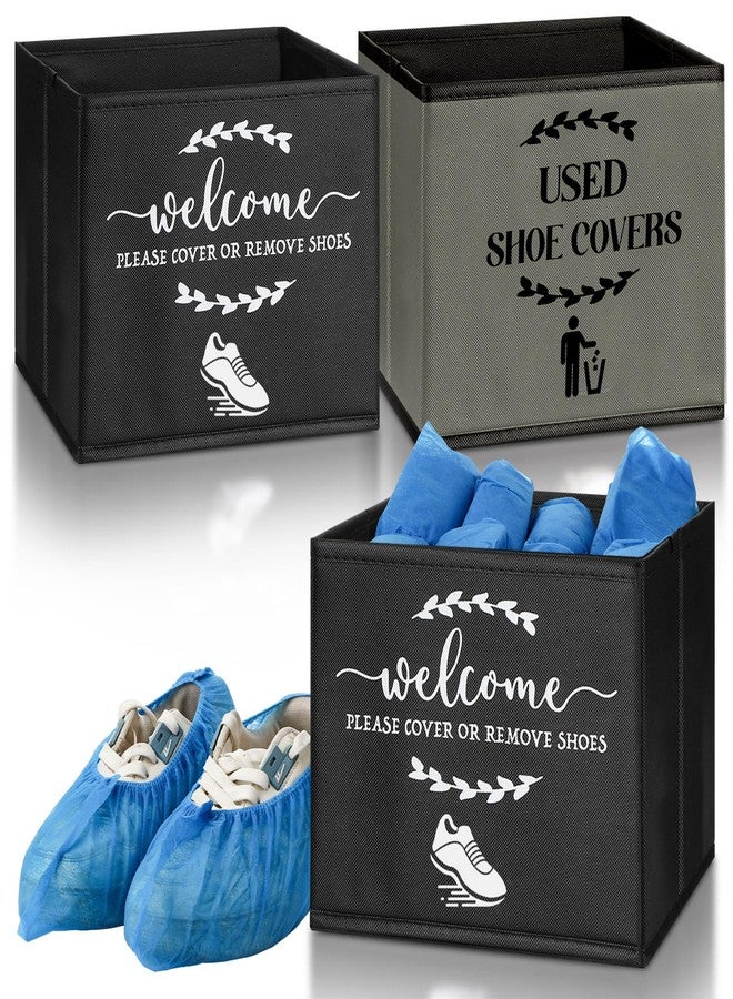 Singhoow 2 Pcs Shoe Cover Boxes Dispenser Foldable Storage Bins, Used Shoe Covers and Welcome Please or Remove Sign Entryway Basket Holder for Open House Supplies(Dark Gray, Black) - Image 1