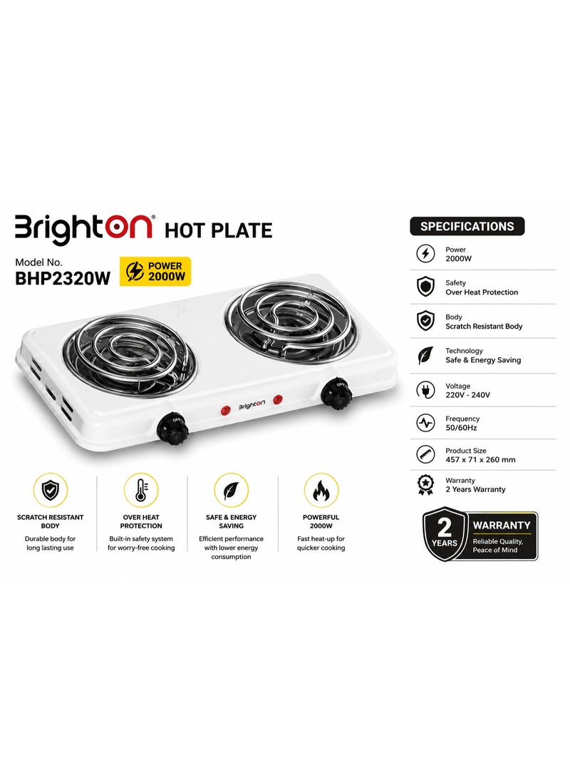برايتون لوحة تسخين ثنائية من برايتون (Brighton) موديل BHP2320W – موقد كهربائي سطحي بقوة 2000 واط مع هيكل مقاوم للخدش، حماية من الحرارة الزائدة ومفاتيح تحكم مستقلة ومزدوجة في درجة الحرارة – اللون أبيض - Image 2