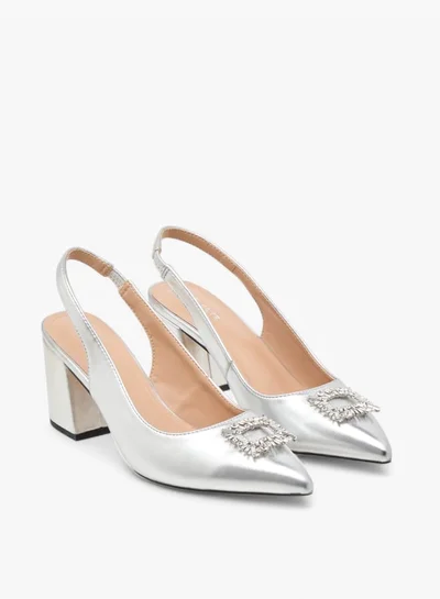 Celeste Women's Solid Slingback Shoes with Block Heels and Embellished Accent