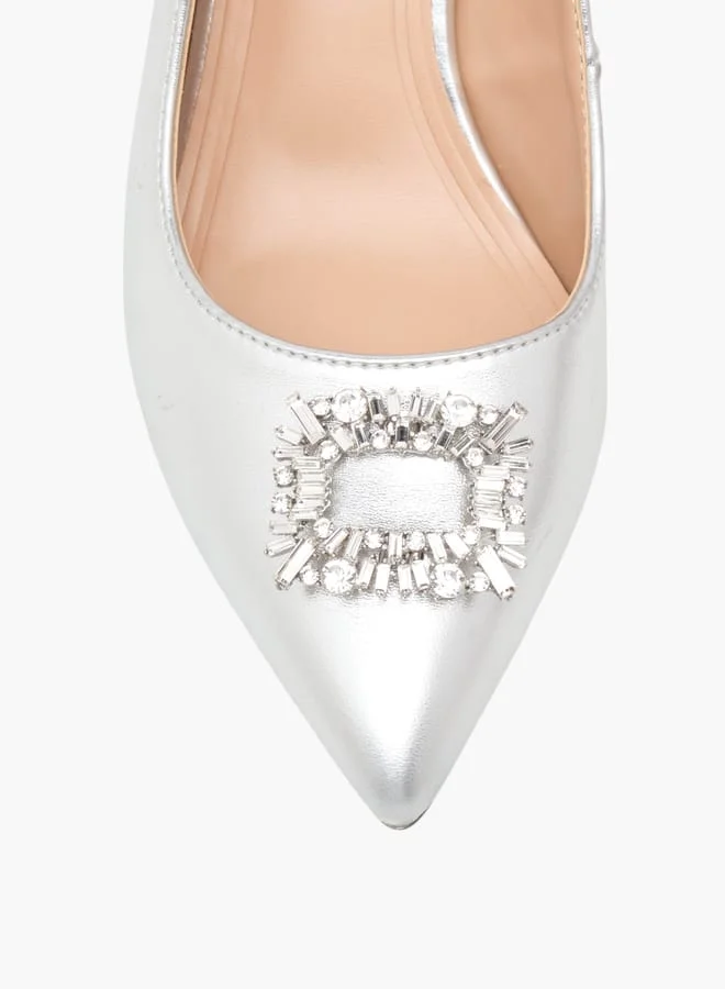 Celeste Women's Solid Slingback Shoes with Block Heels and Embellished Accent