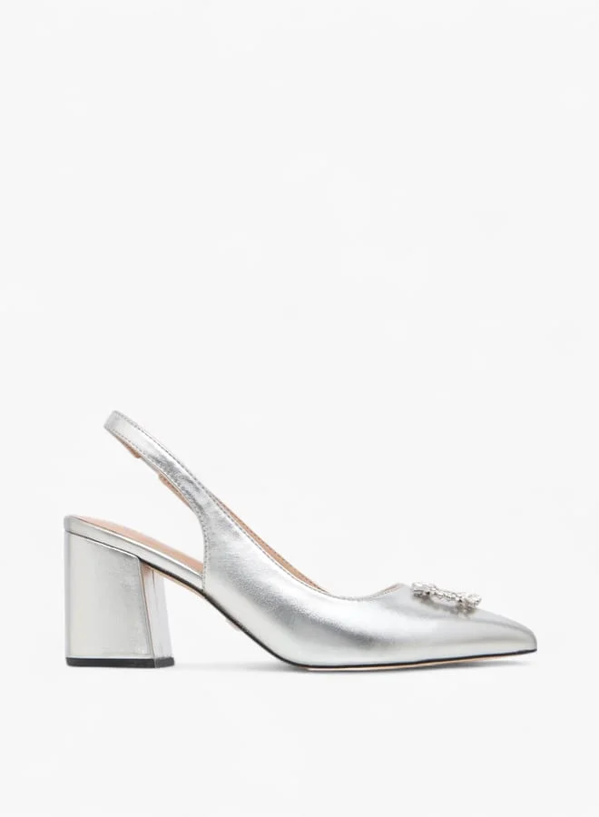 Celeste Women's Solid Slingback Shoes with Block Heels and Embellished Accent
