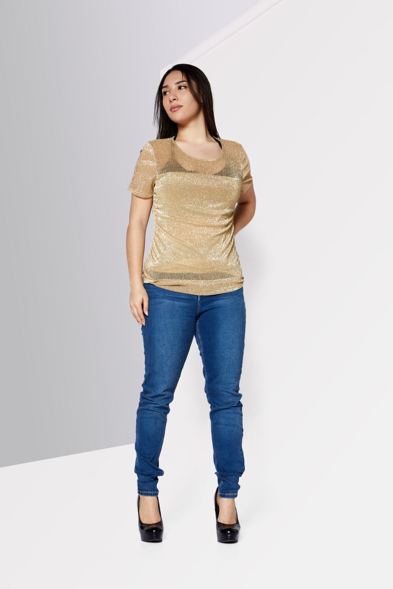 DKNY Women Round Neck Short Sleeve Metallic Blouse, Gold - Image 2