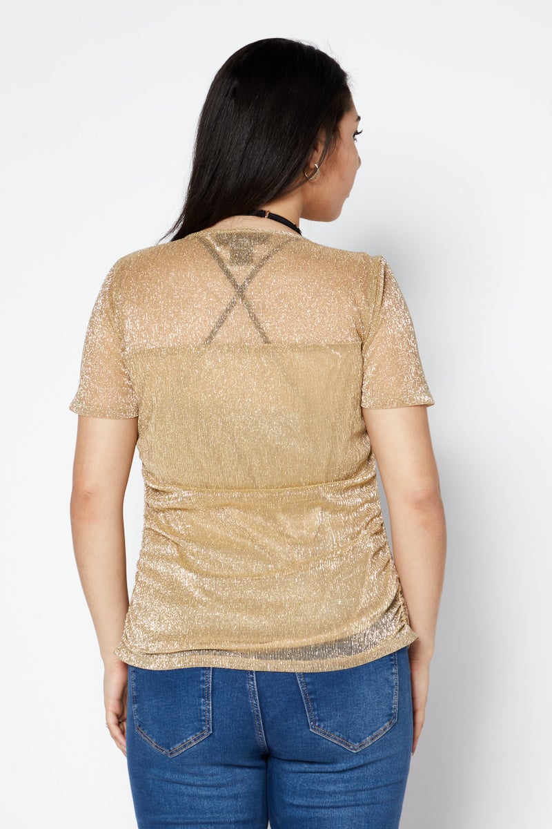 DKNY Women Round Neck Short Sleeve Metallic Blouse, Gold - Image 3