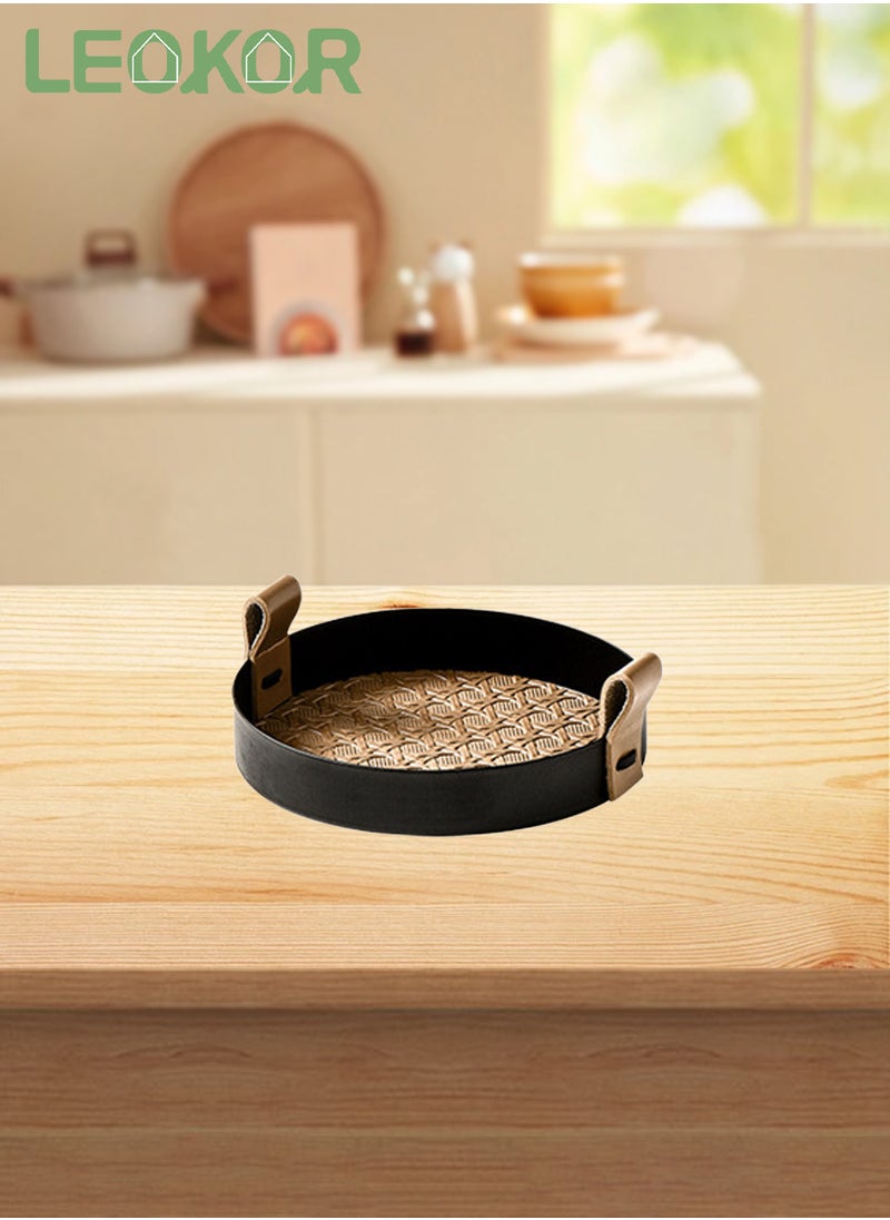 LEOKOR Round Rattan Serving Tray with Leather Handles - Elegant Decorative Tray and Storage Tray for Food, Drinks Makeups, Jewelry, Size S  - Image 1