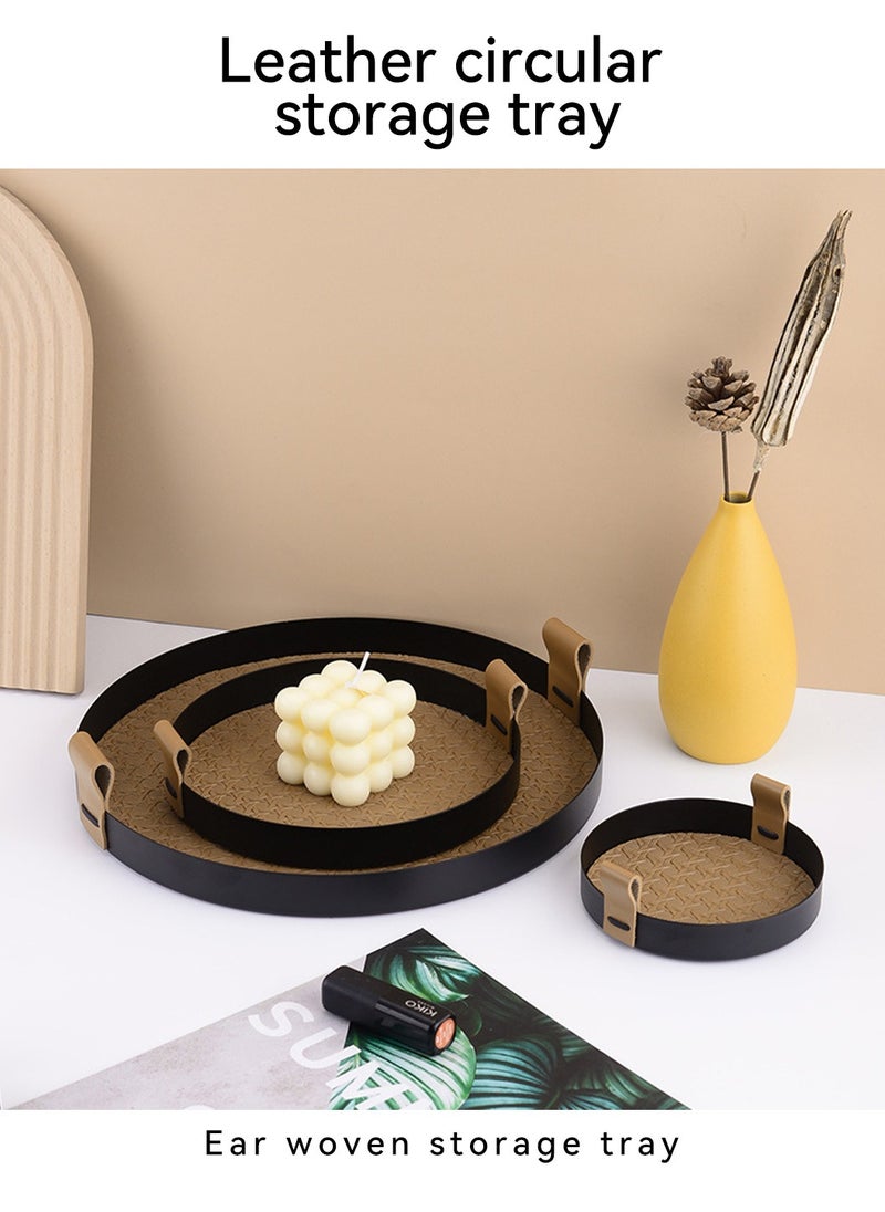 LEOKOR Round Rattan Serving Tray with Leather Handles - Elegant Decorative Tray and Storage Tray for Food, Drinks Makeups, Jewelry, Size S  - Image 3