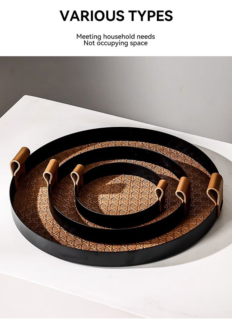 LEOKOR Round Rattan Serving Tray with Leather Handles - Elegant Decorative Tray and Storage Tray for Food, Drinks Makeups, Jewelry, Size S  - Image 4