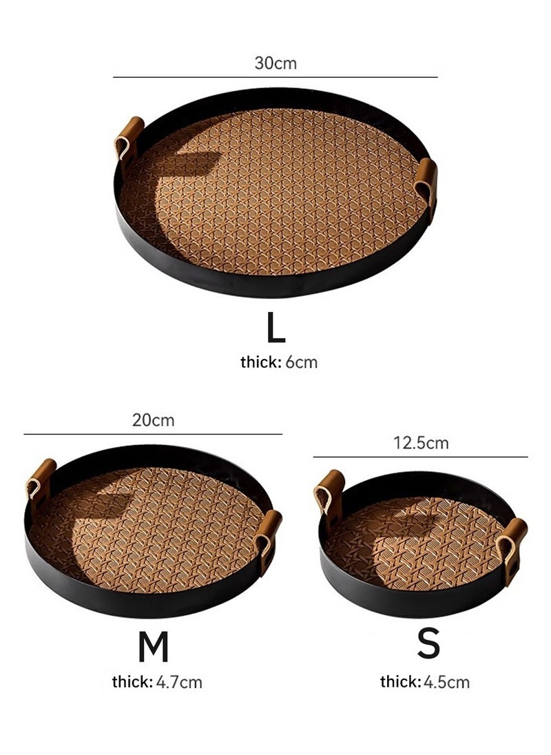 LEOKOR Round Rattan Serving Tray with Leather Handles - Elegant Decorative Tray and Storage Tray for Food, Drinks Makeups, Jewelry, Size S  - Image 5