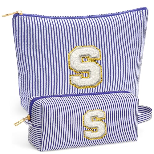 Fohufo Travel Cute Makeup Bag Set Make up Cosmetic Bag for Women Small Makeup Bag for Purse Makeup Kit Blue Stuff Birthday Gifts for Women Travel Essentials Blue Letter S - Image 1