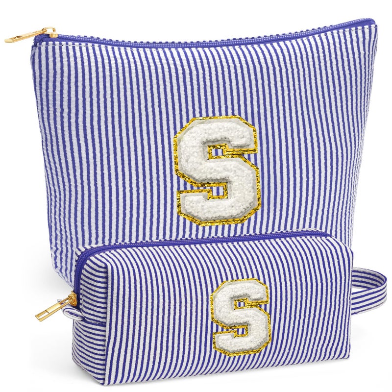 Fohufo Travel Cute Makeup Bag Set Make up Cosmetic Bag for Women Small Makeup Bag for Purse Makeup Kit Blue Stuff Birthday Gifts for Women Travel Essentials Blue Letter S - Image 2