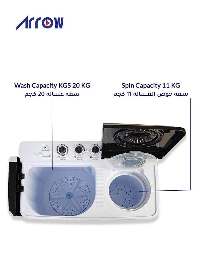 Arrow 20 Kg Semi Automatic Twin Tub Washing Machine | 11 Kg Spin Capacity | Air Turbo | Rust-Free Body | Energy Efficient Motor | Transparent Window View | Classic Design, Perfect for Home, Apartments & Hotels with 2 Years Warranty. - Image 3