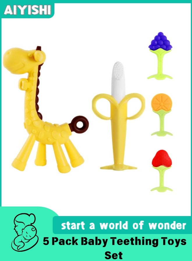 AIYISHI 5 Pack Baby Teething Toys Set Silicone Fruit Shape Giraffe Baby Teethers BPA Free Soothe Babies Gums for Babies Infants Toddlers Boys & Girls - Image 1