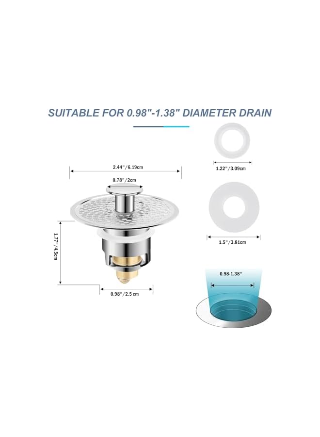 The Bros Pop Up Sink Plug, Universal Bathroom Sink Stopper, Anti Clogging Sink Drain Filter with Hair Catcher Pop-up Drain Filter for 0.98-1.38 Inch, Replacement Drain Plug for Bathroom Kitchen Bidets - Image 3