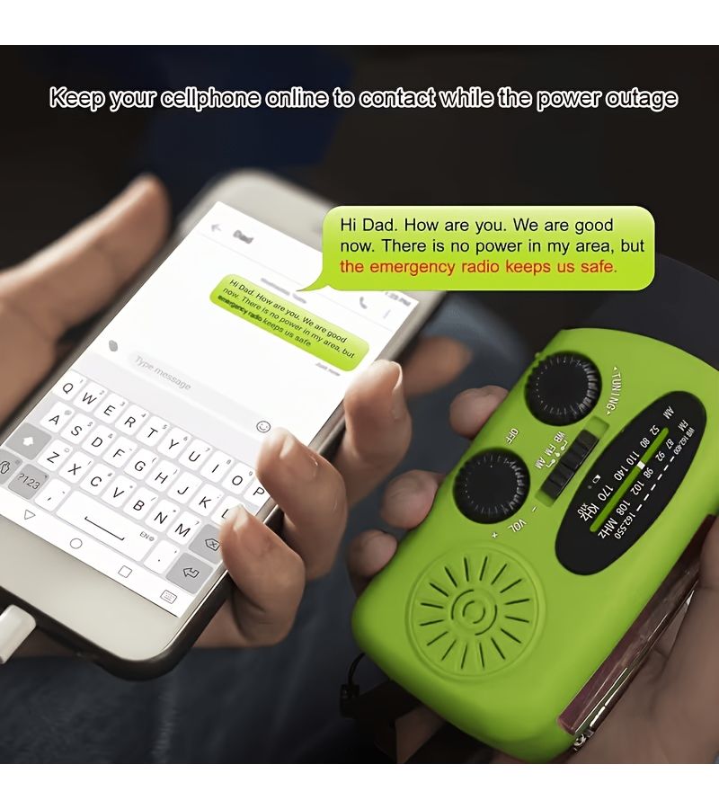 Hand Crank AM FM NOAA Solar Radio 2000mAh Battery Phone Charger SOS Flashlight Green - Image 3