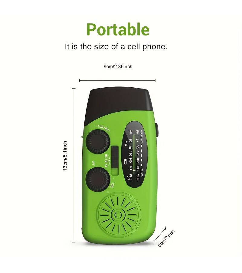 Hand Crank AM FM NOAA Solar Radio 2000mAh Battery Phone Charger SOS Flashlight Green - Image 2