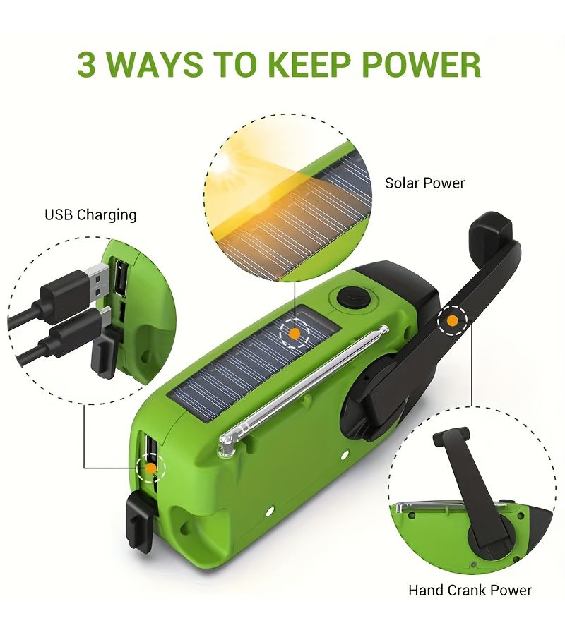 Hand Crank AM FM NOAA Solar Radio 2000mAh Battery Phone Charger SOS Flashlight Green - Image 1