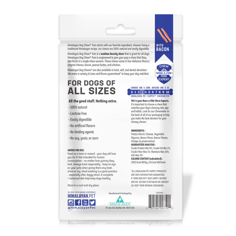 Himalayan Dog Chew Yak Cheese Dog Chews, Lactose Free & Grain Free, USA Made, For All Dog Breeds, Medium Density Cheese Chew, Resealable Pouch with 3 YUM Treats, Bacon Flavor - Image 3
